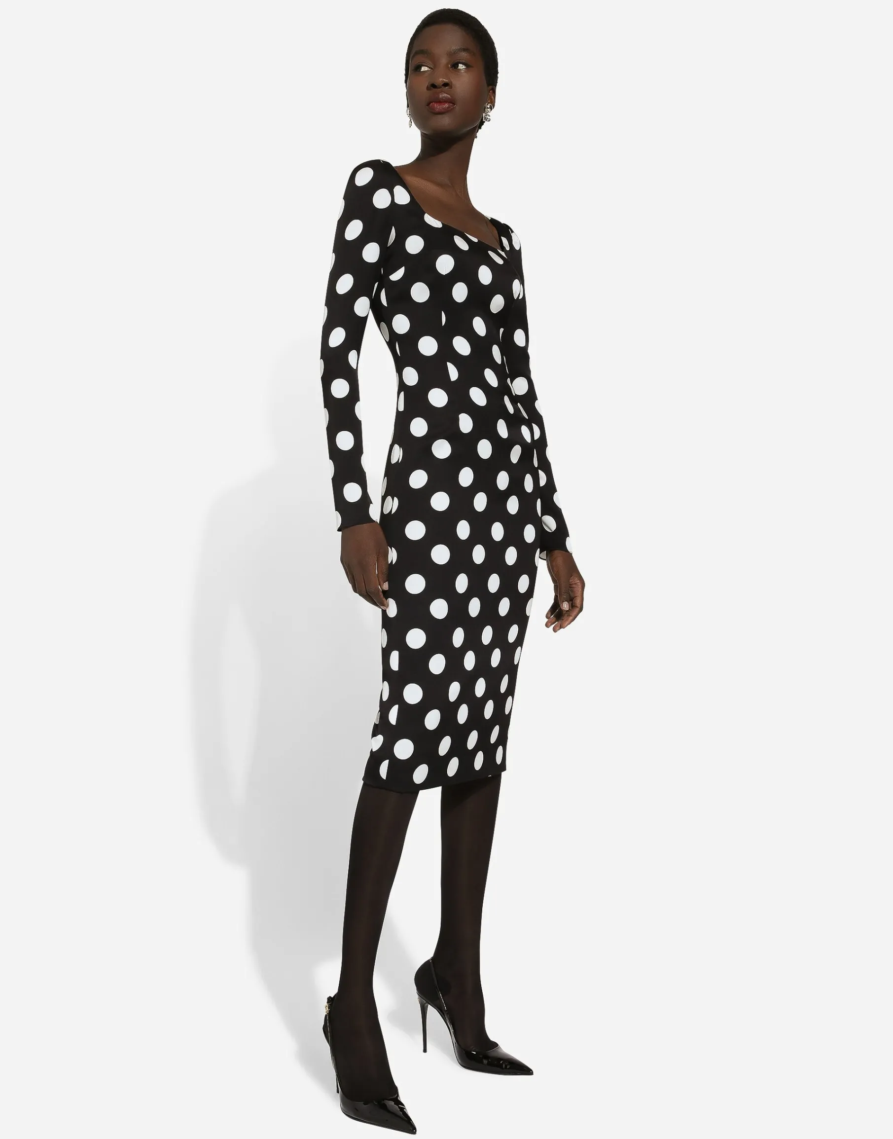 Charmeuse sheath dress with macro polka-dot print