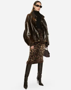 Chenille calf-length skirt with jacquard leopard design