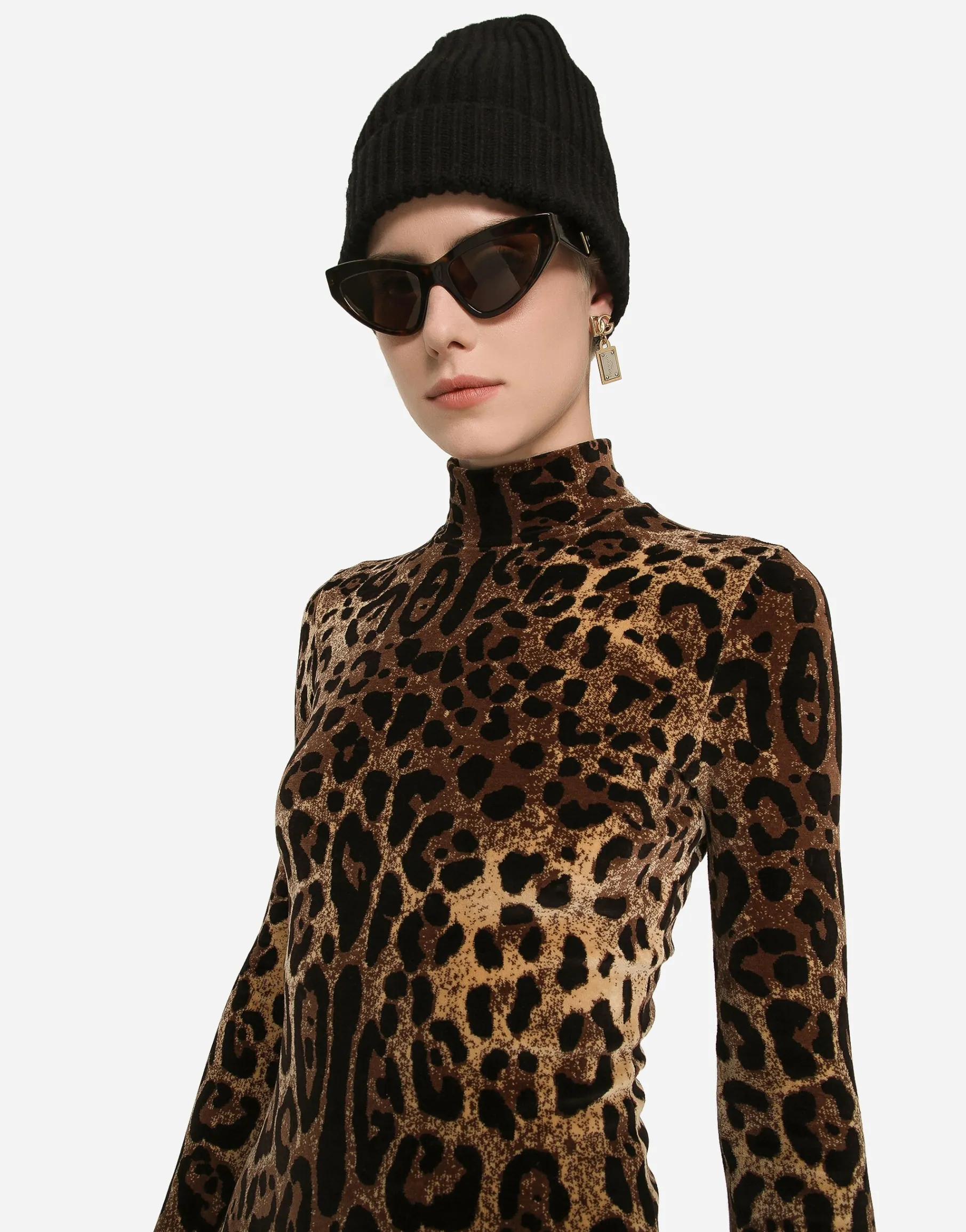 Chenille jumpsuit with jacquard leopard design