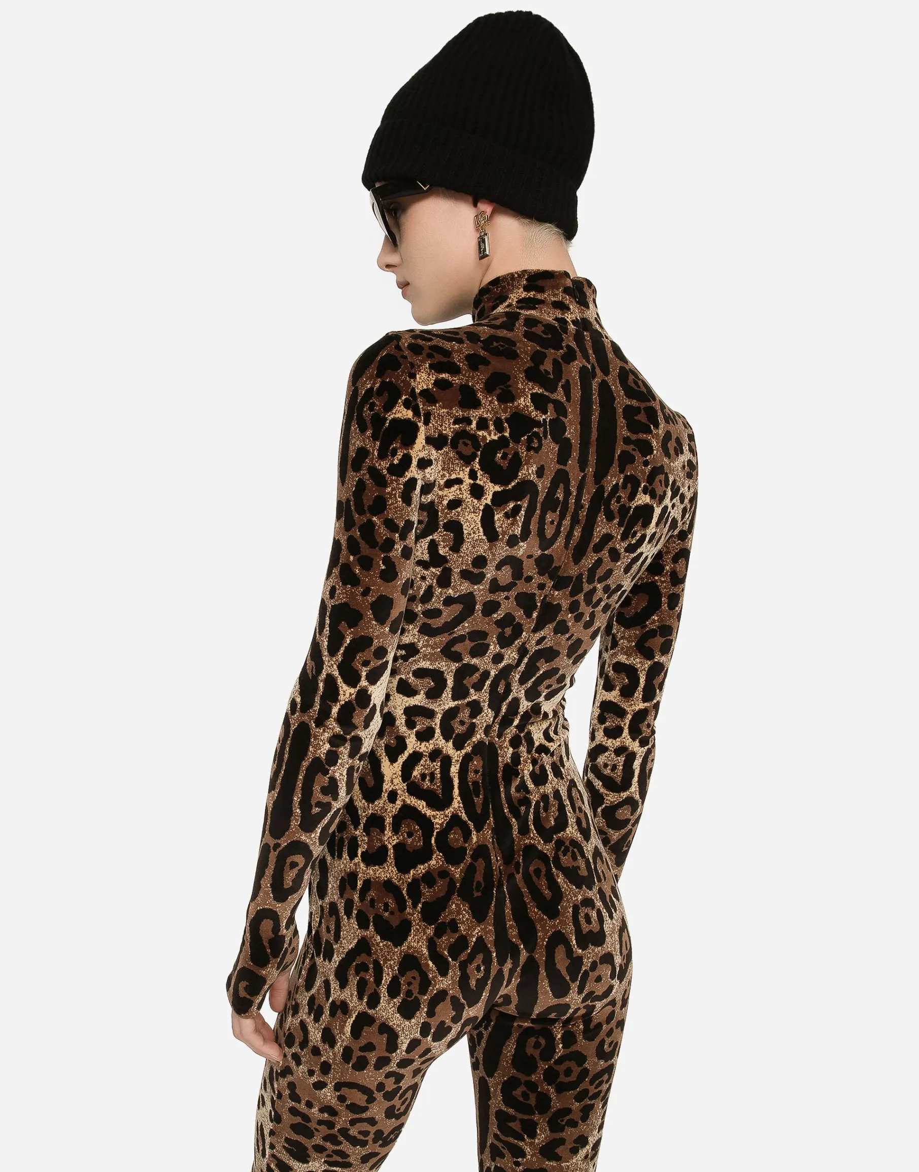Chenille jumpsuit with jacquard leopard design