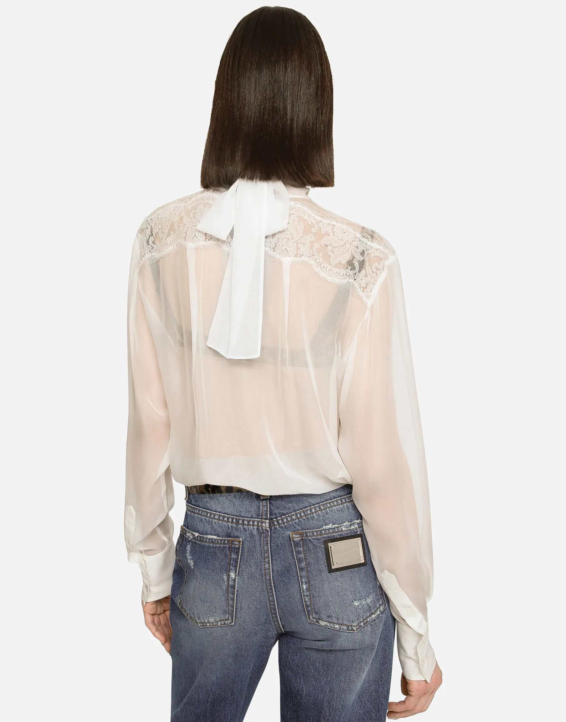 Chiffon and lace pussy-bow blouse