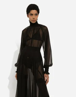 Chiffon blouse with smock-stitch detailing