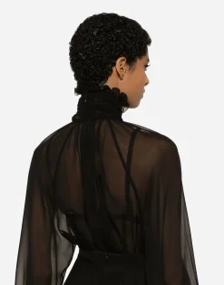 Chiffon blouse with smock-stitch detailing