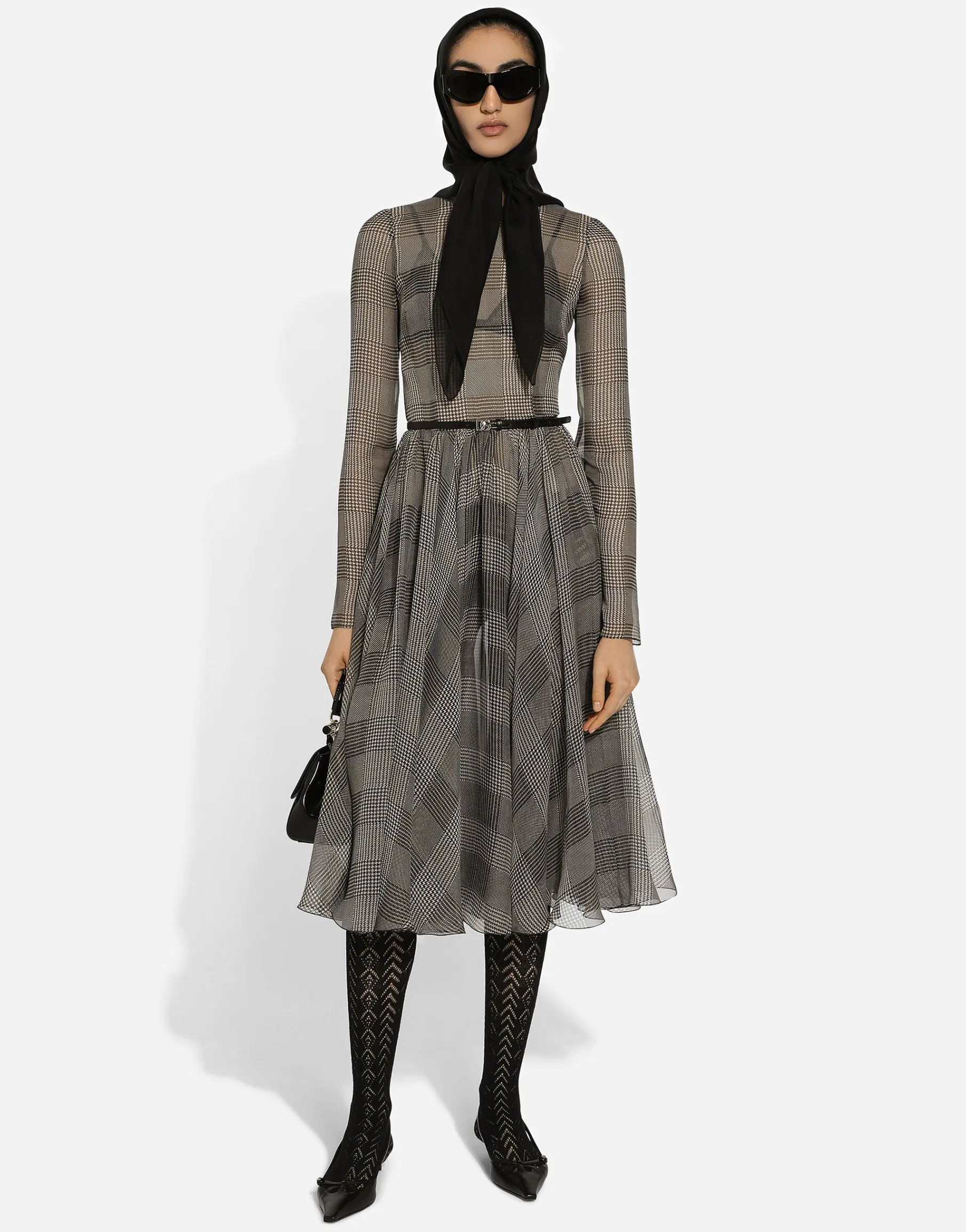 Chiffon calf-length circle skirt with glen plaid print
