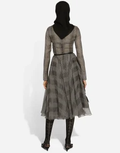 Chiffon calf-length circle skirt with glen plaid print