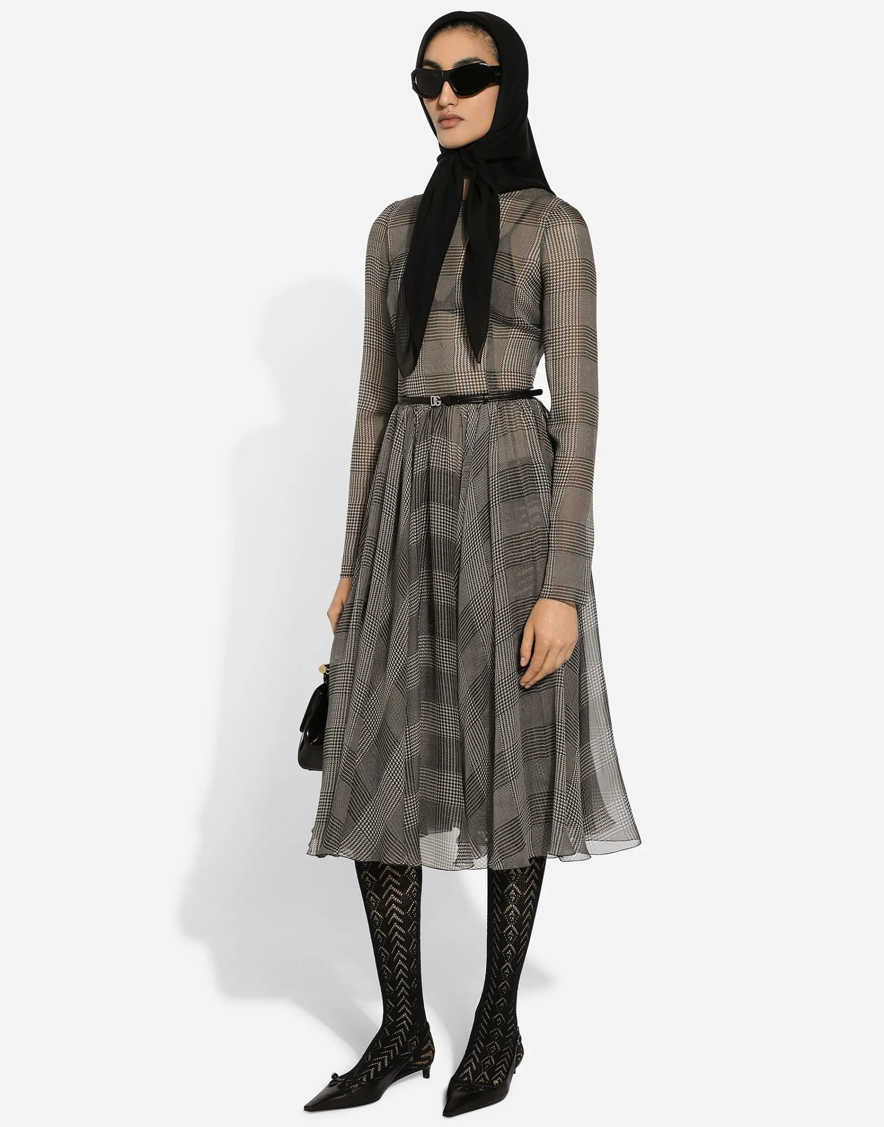 Chiffon calf-length circle skirt with glen plaid print