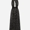 Chiffon calf-length dress with plunging neckline and polka-dot print