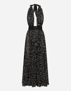 Chiffon calf-length dress with plunging neckline and polka-dot print