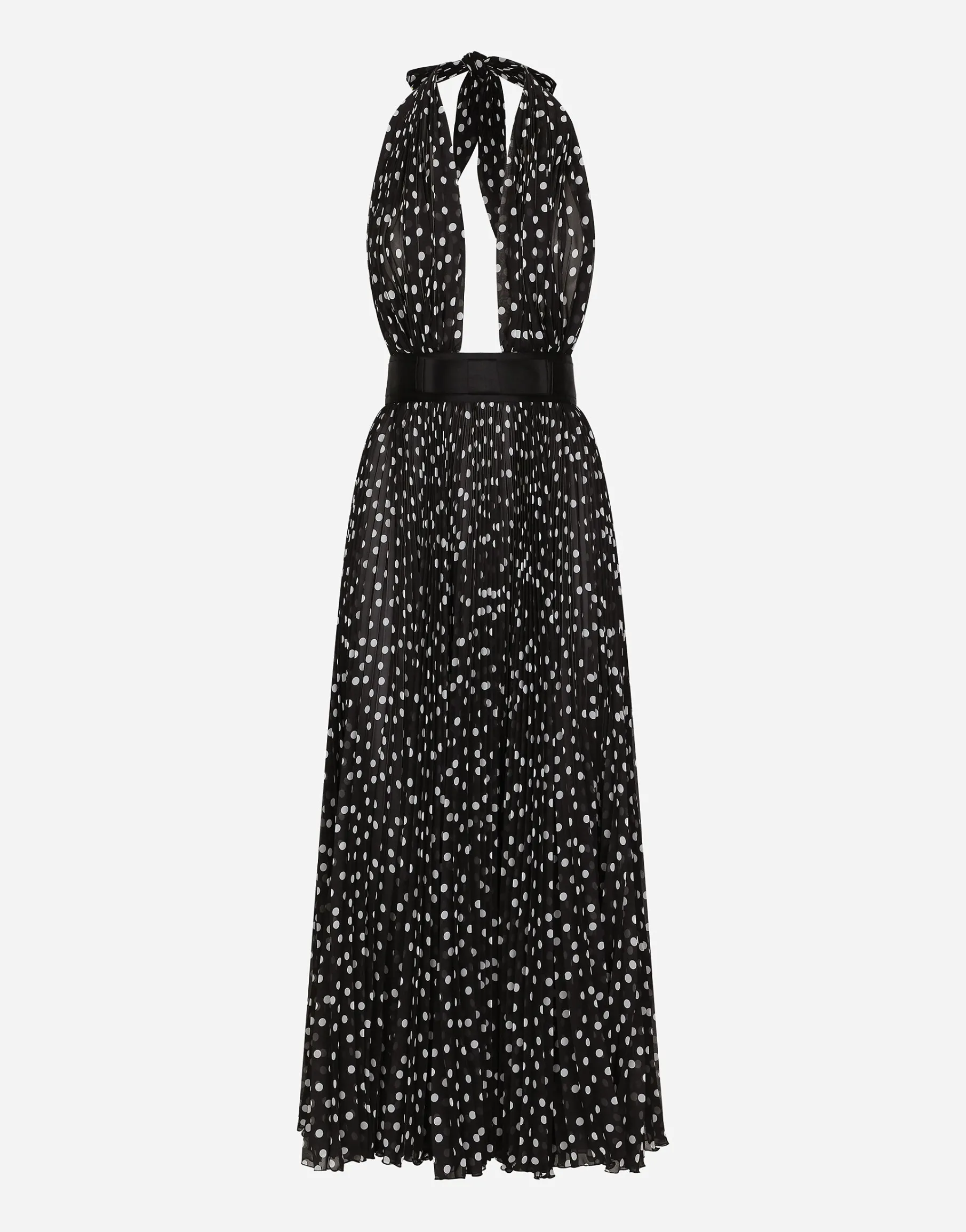 Chiffon calf-length dress with plunging neckline and polka-dot print