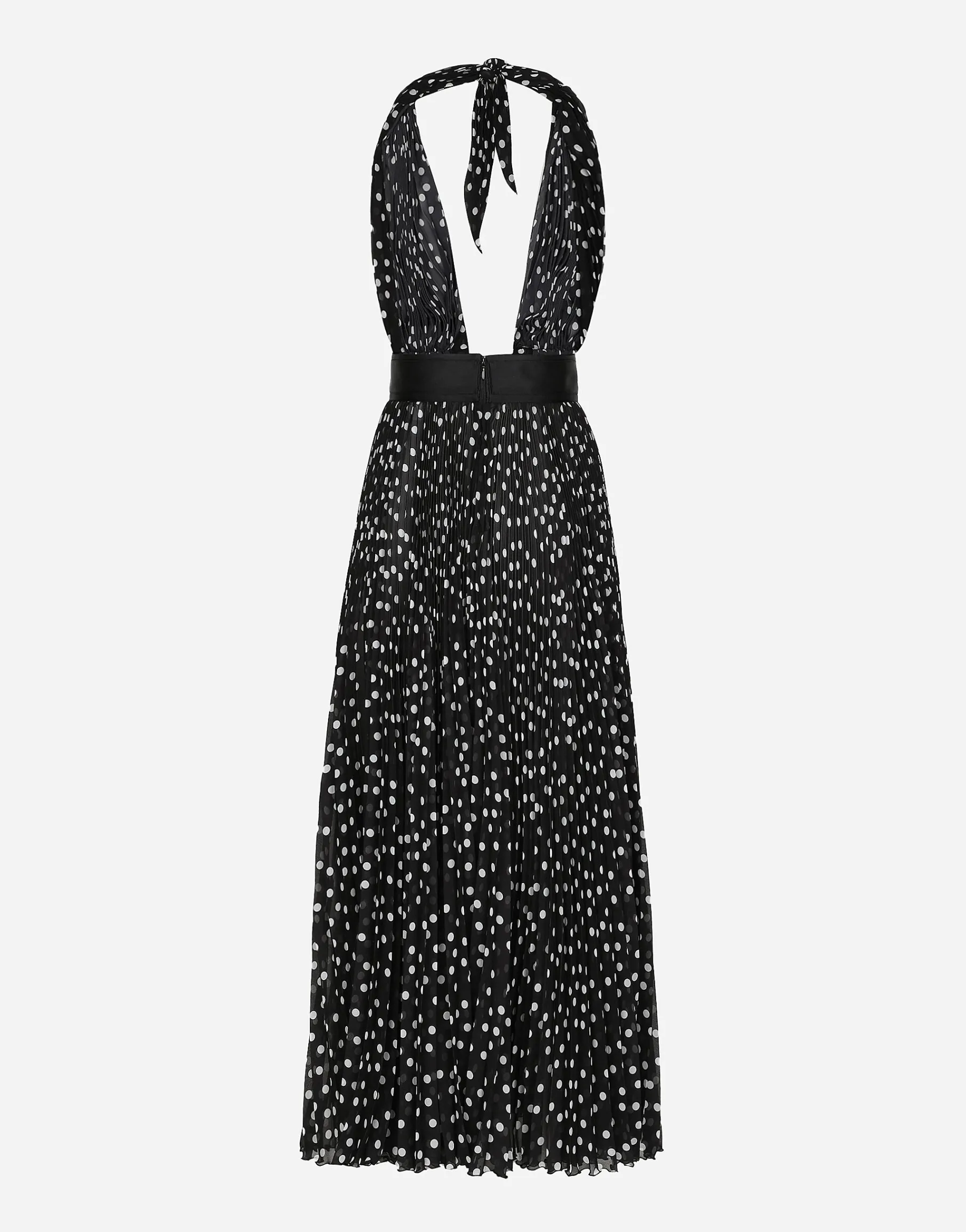 Chiffon calf-length dress with plunging neckline and polka-dot print