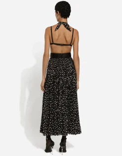Chiffon calf-length dress with plunging neckline and polka-dot print
