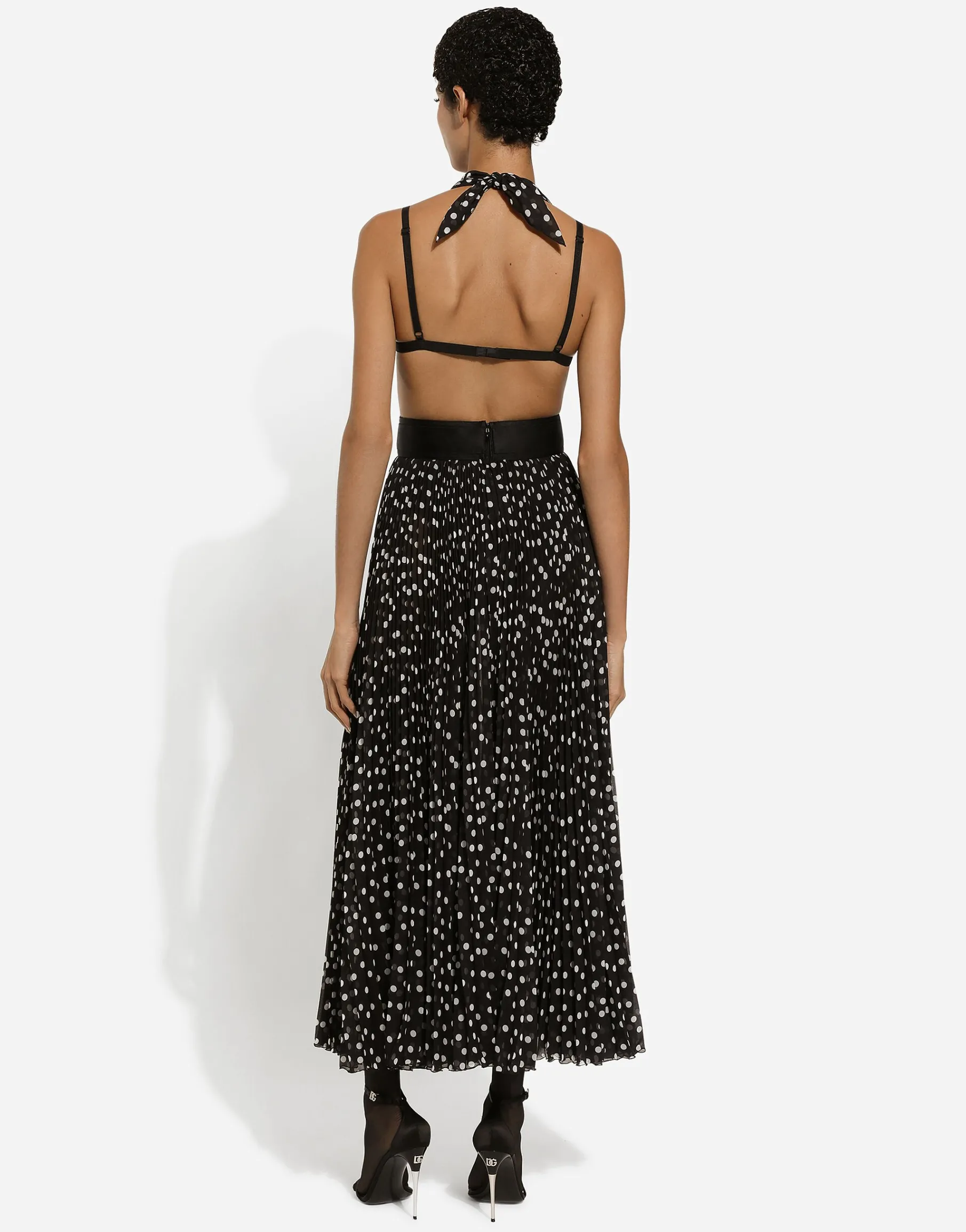 Chiffon calf-length dress with plunging neckline and polka-dot print