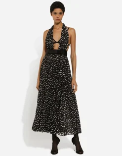 Chiffon calf-length dress with plunging neckline and polka-dot print