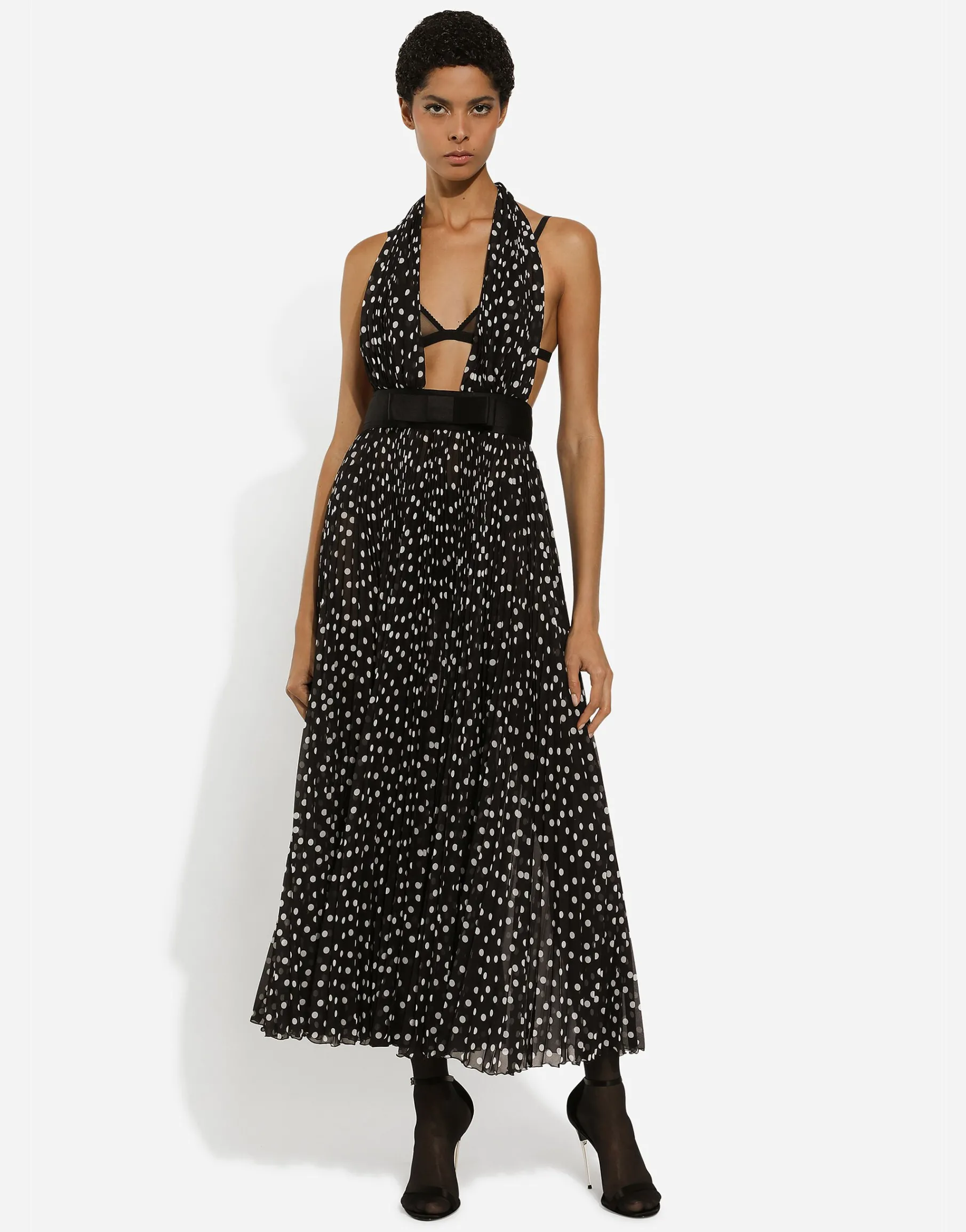 Chiffon calf-length dress with plunging neckline and polka-dot print