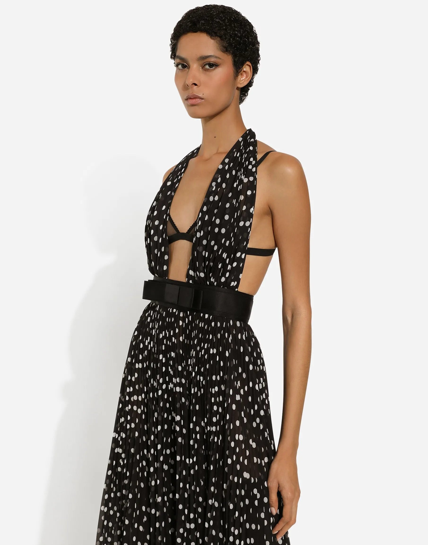 Chiffon calf-length dress with plunging neckline and polka-dot print