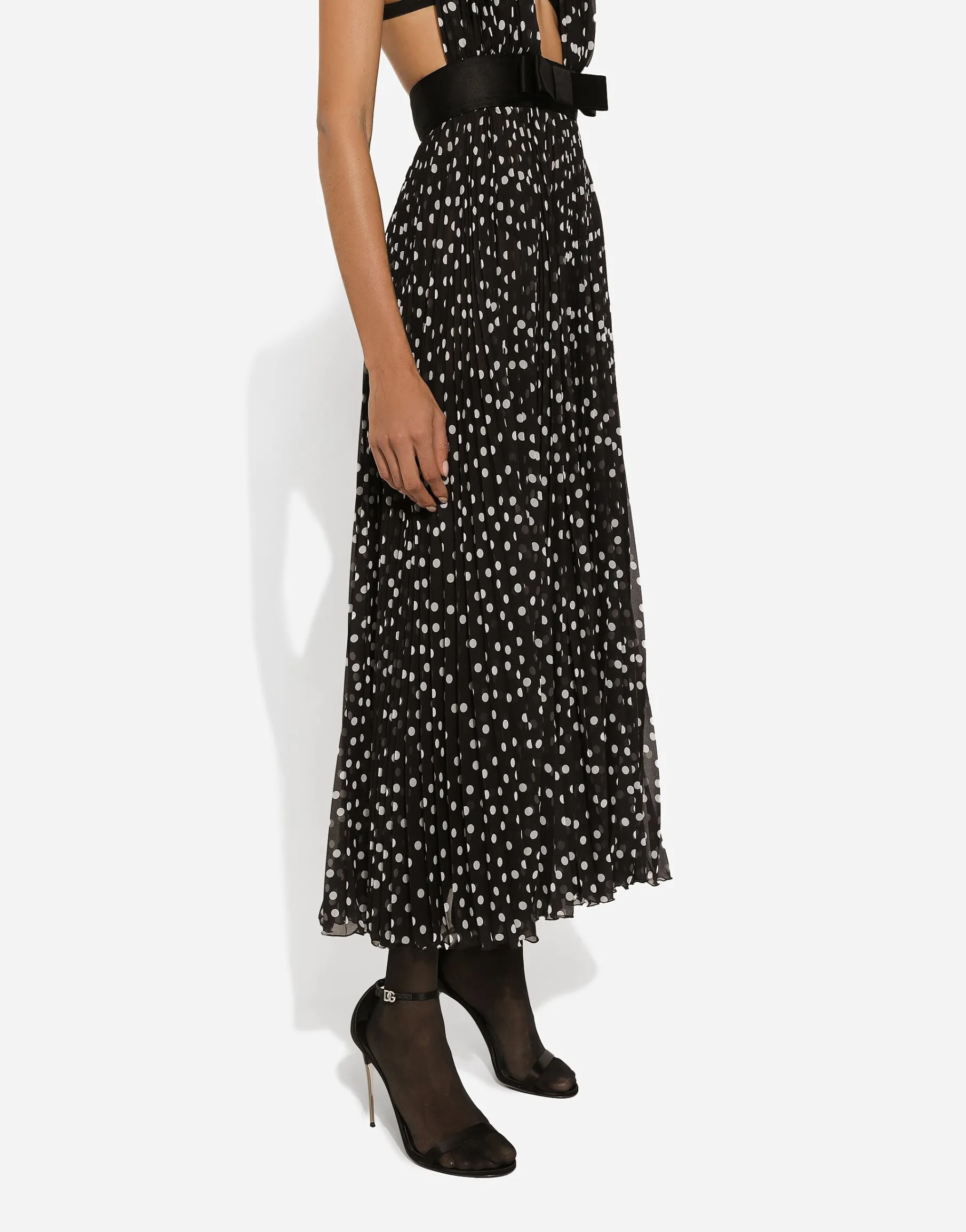 Chiffon calf-length dress with plunging neckline and polka-dot print