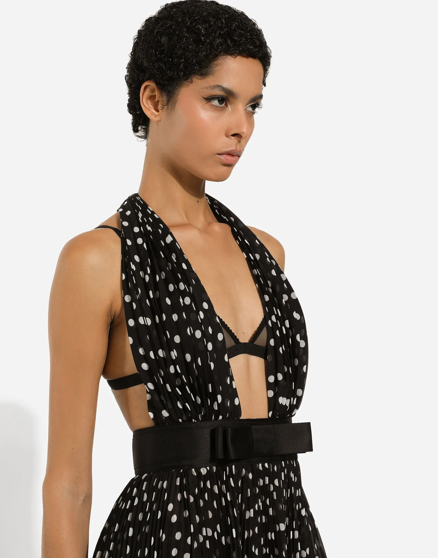 Chiffon calf-length dress with plunging neckline and polka-dot print