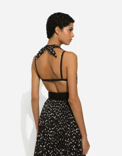 Chiffon calf-length dress with plunging neckline and polka-dot print