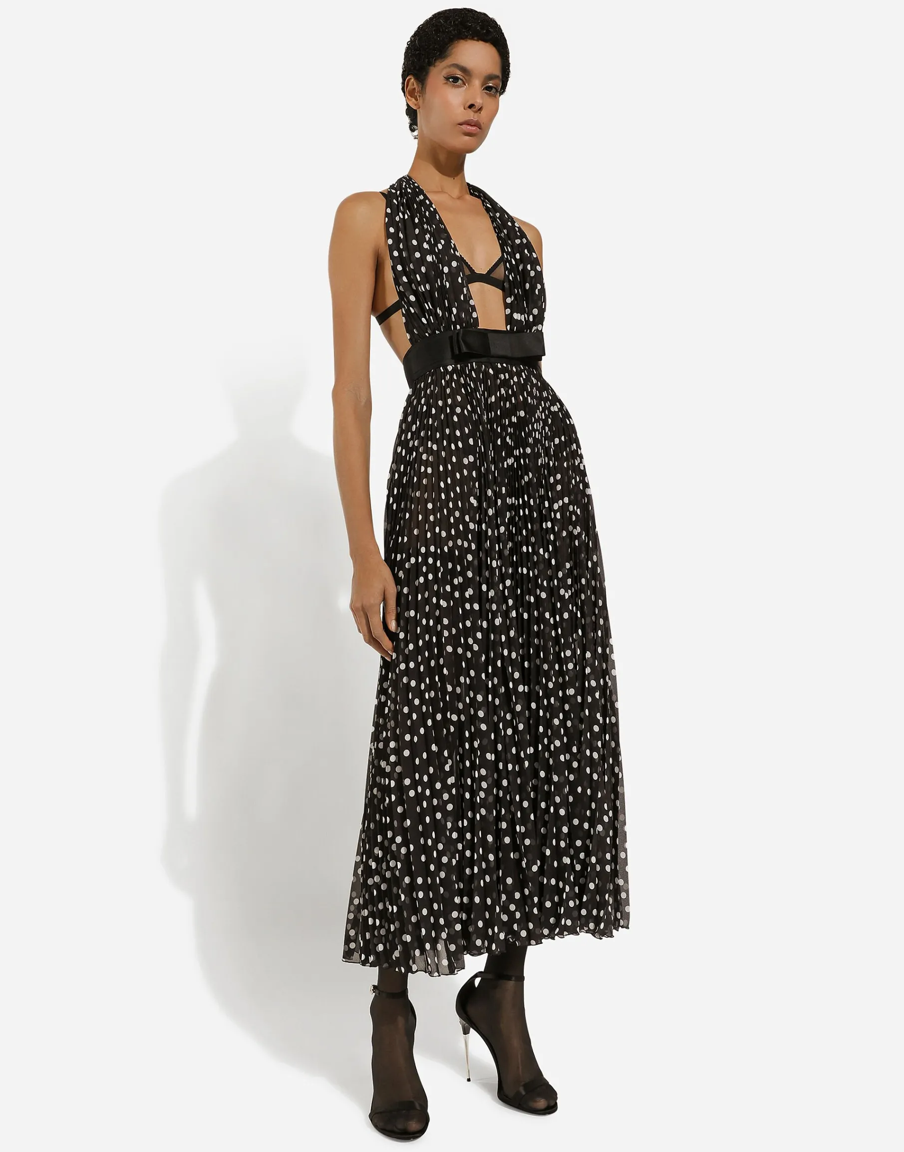 Chiffon calf-length dress with plunging neckline and polka-dot print