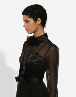 Chiffon calf-length shirt dress with satin details