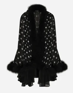 Chiffon cape with polka-dot print and marabou trim