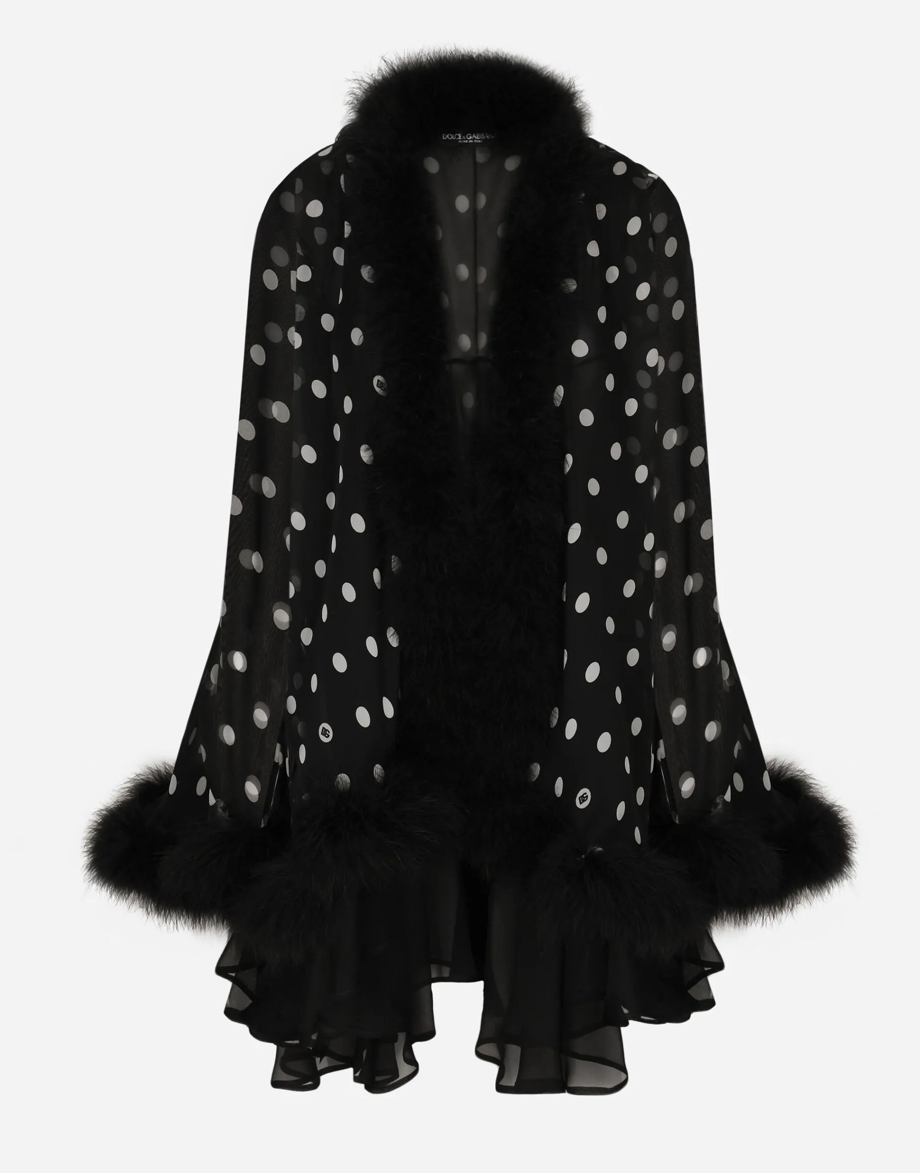 Chiffon cape with polka-dot print and marabou trim