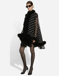 Chiffon cape with polka-dot print and marabou trim