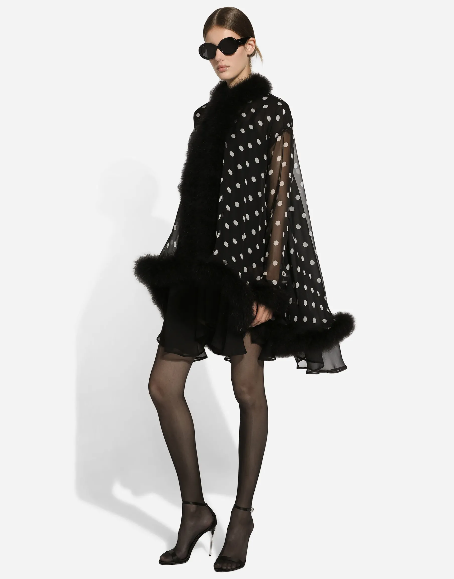 Chiffon cape with polka-dot print and marabou trim