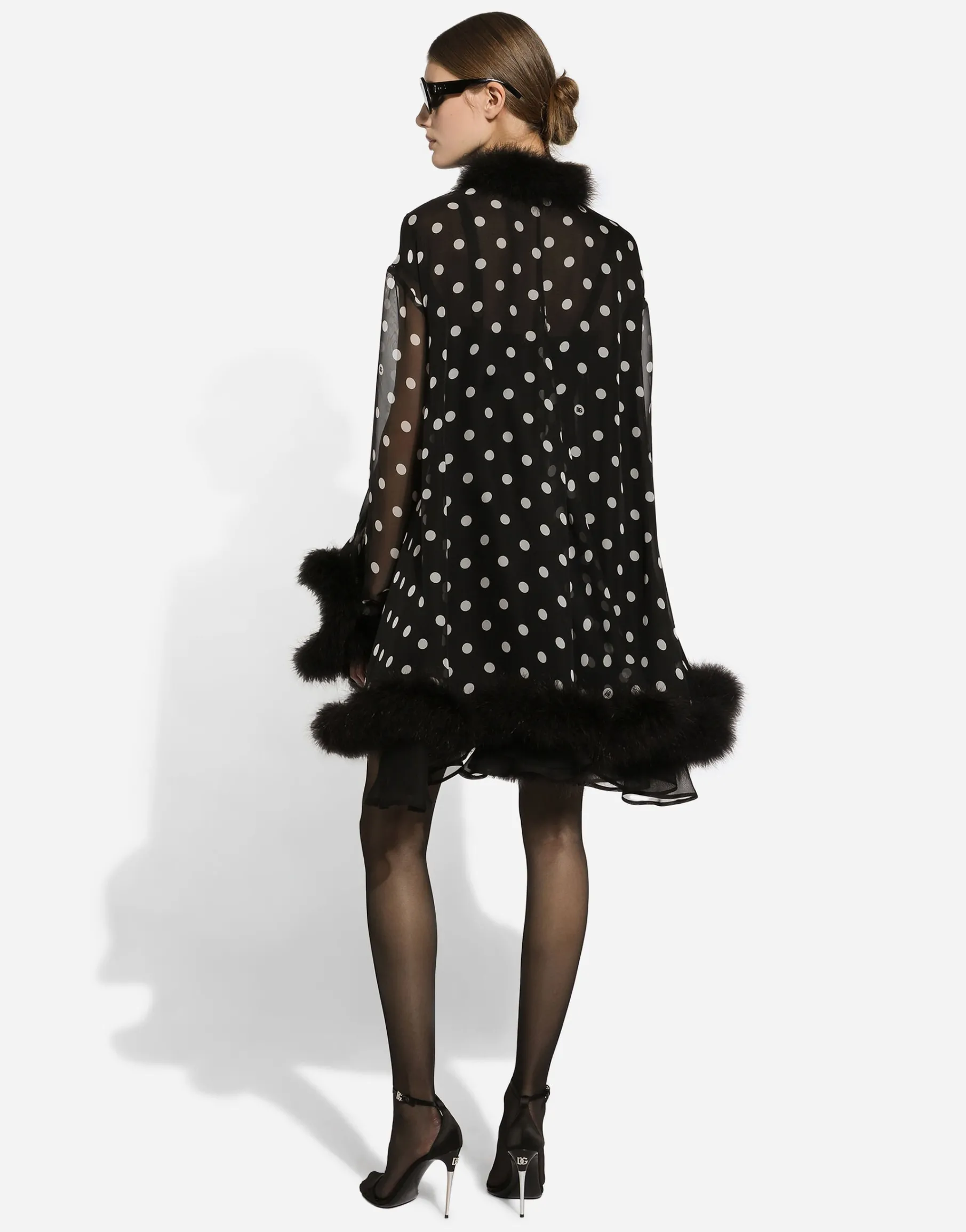 Chiffon cape with polka-dot print and marabou trim