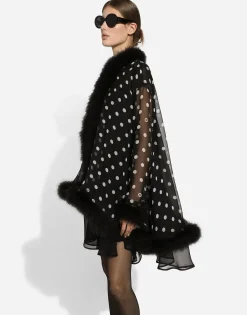 Chiffon cape with polka-dot print and marabou trim