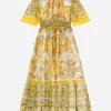 Chiffon dress with yellow majolica print