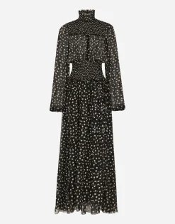 Chiffon midi dress with smock stitching and micro-polka dot print
