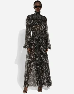 Chiffon midi dress with smock stitching and micro-polka dot print
