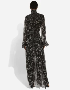 Chiffon midi dress with smock stitching and micro-polka dot print