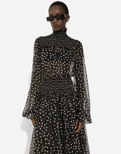 Chiffon midi dress with smock stitching and micro-polka dot print