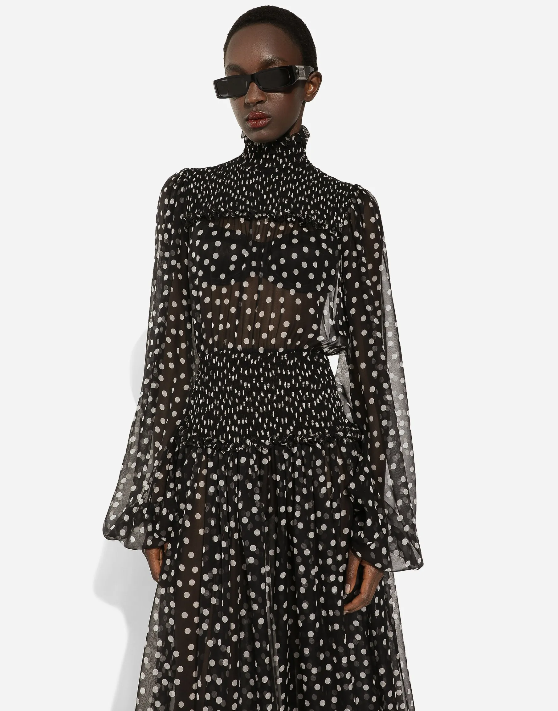 Chiffon midi dress with smock stitching and micro-polka dot print