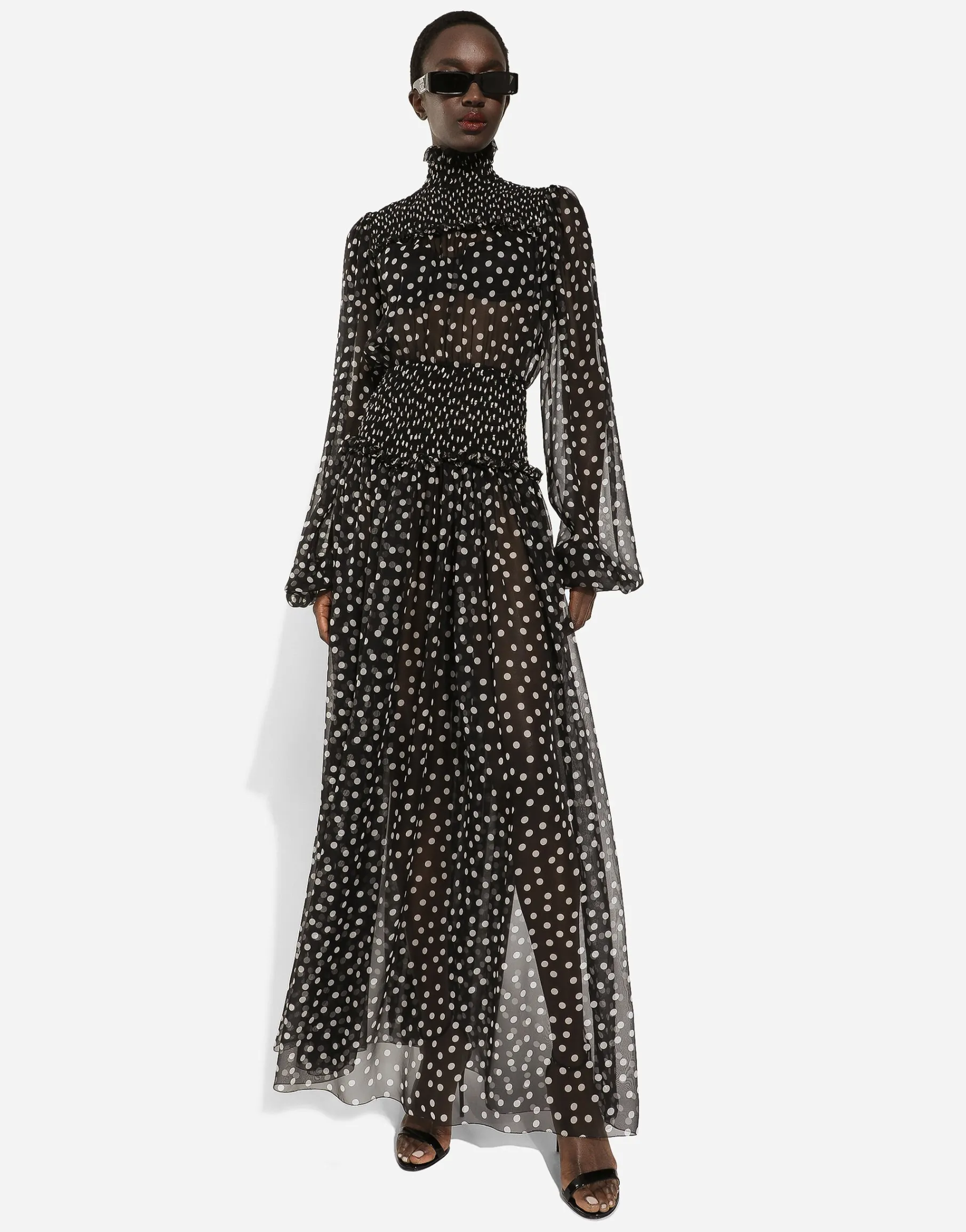 Chiffon midi dress with smock stitching and micro-polka dot print