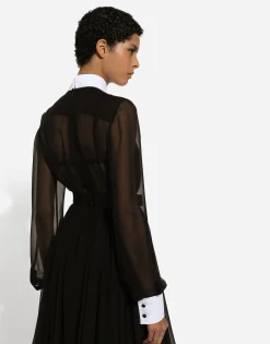 Chiffon midi shirt dress with piqué cuffs and shirt front
