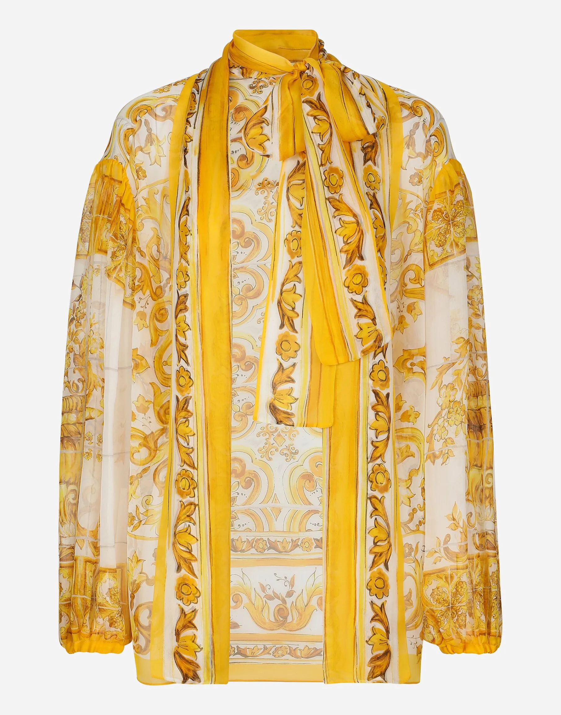 Chiffon pussy-bow shirt with majolica print