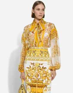 Chiffon pussy-bow shirt with majolica print