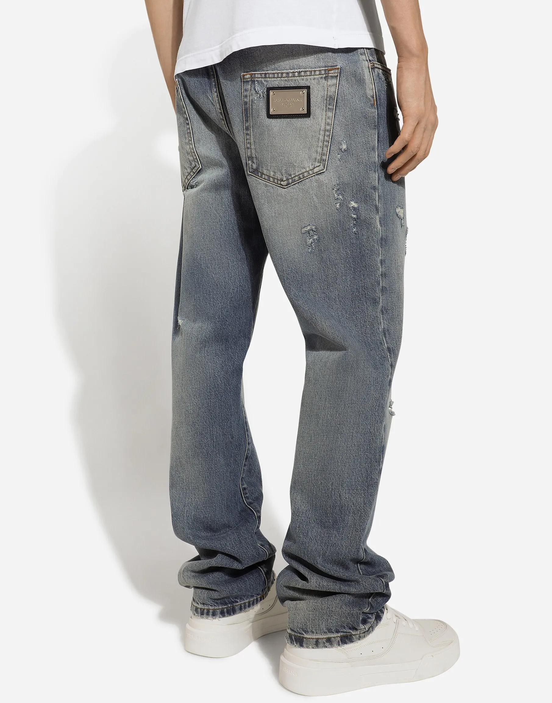 Classic blue denim jeans with abrasions
