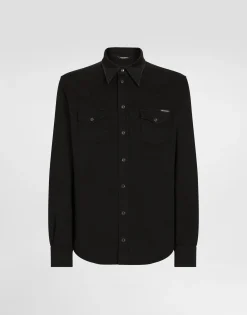 Coated black stretch denim shirt