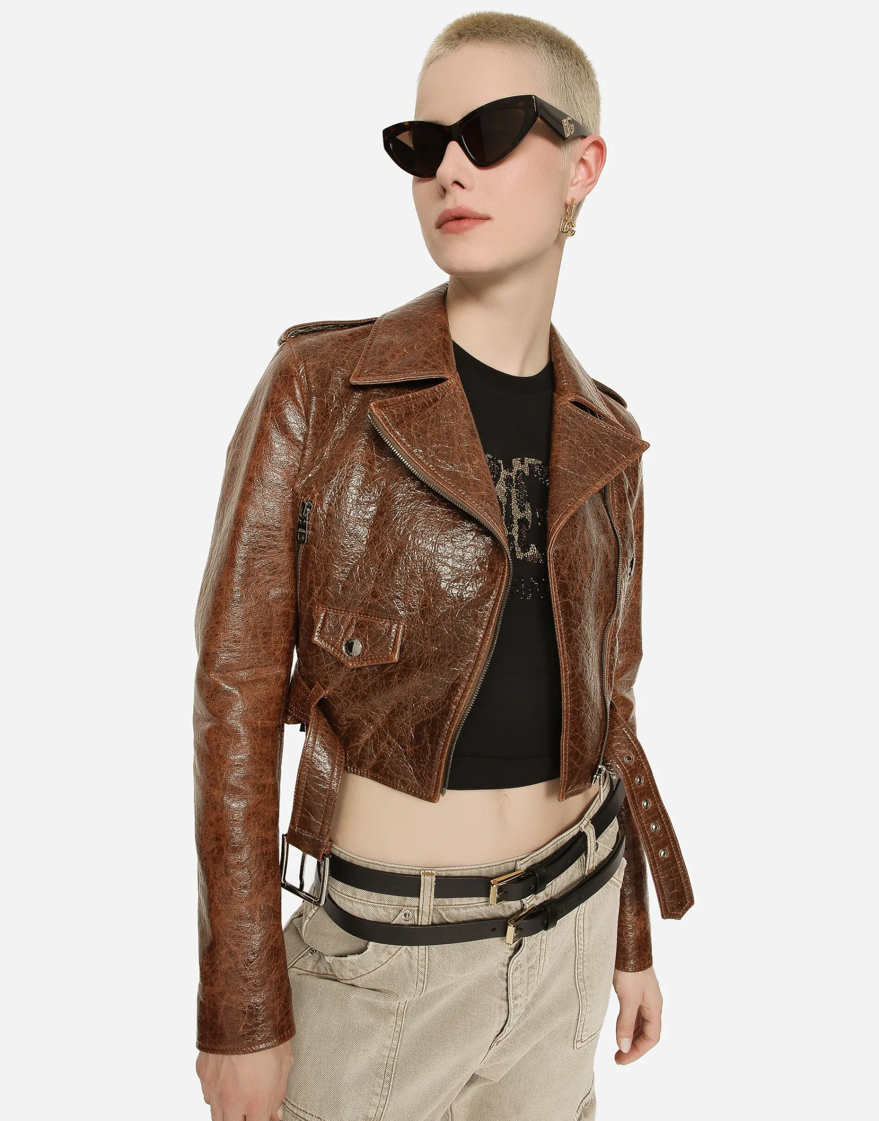 Coated cotton faux leather biker jacket