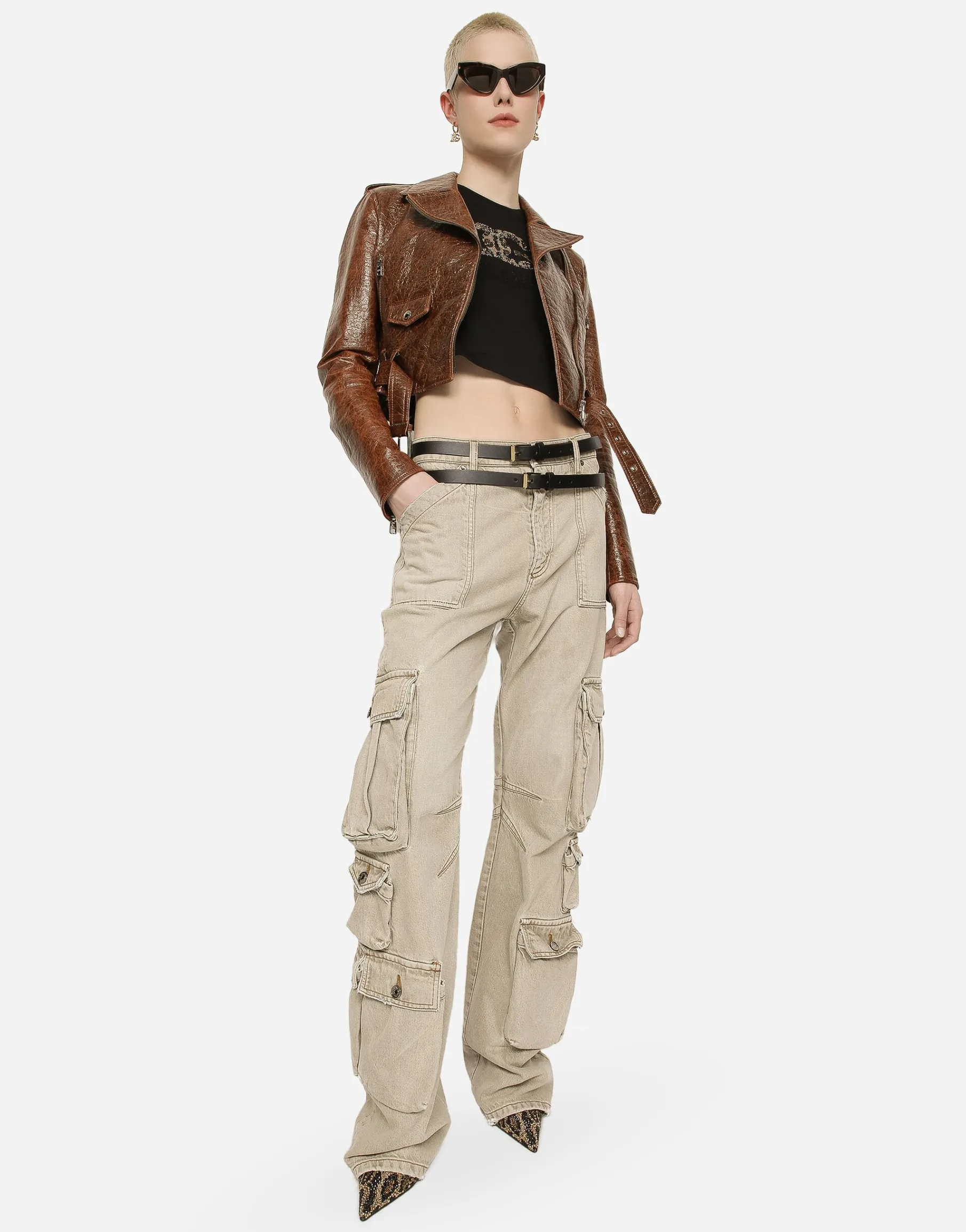 Coated cotton faux leather biker jacket