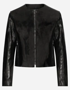 Collarless leather jacket