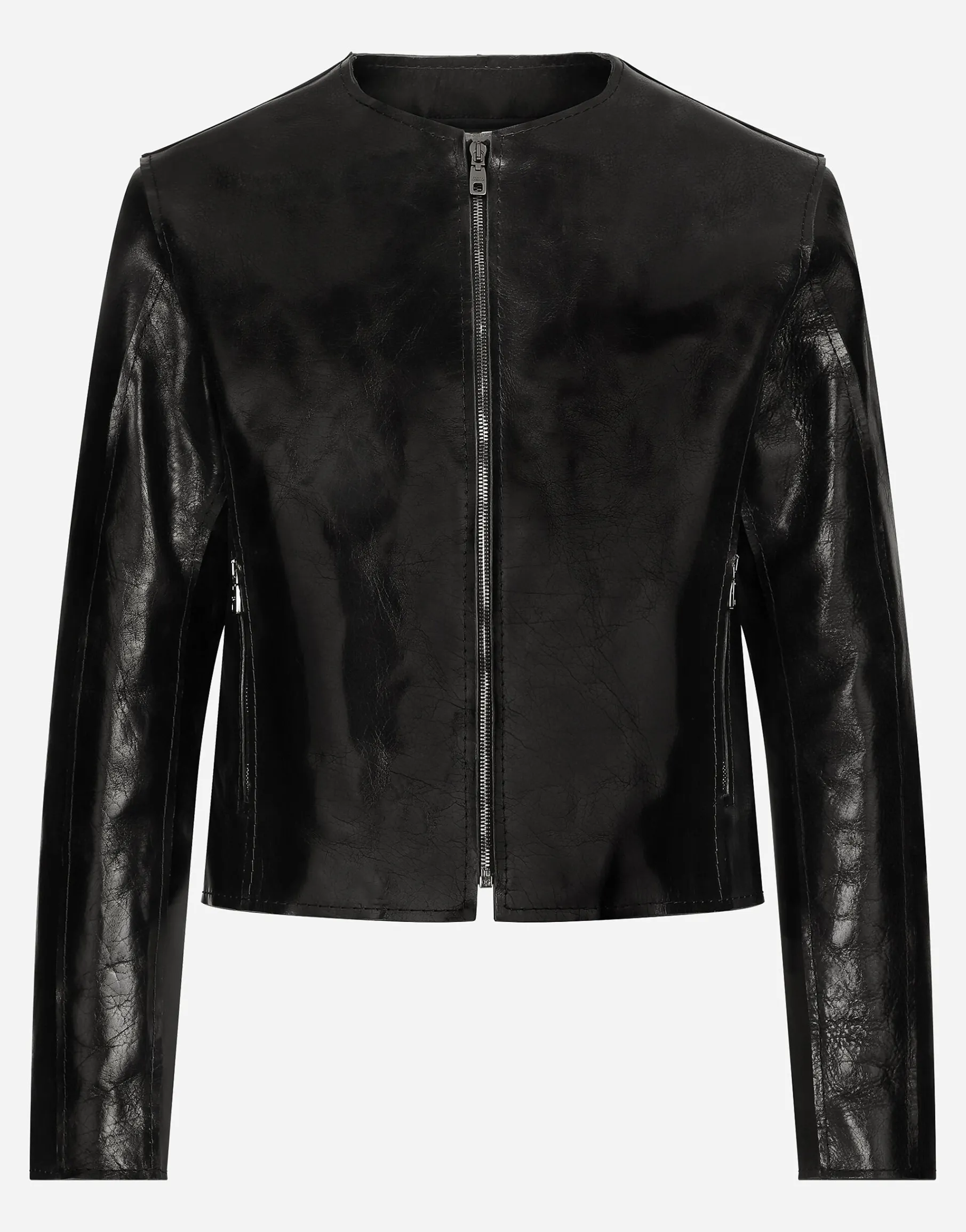 Collarless leather jacket