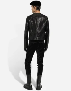 Collarless leather jacket