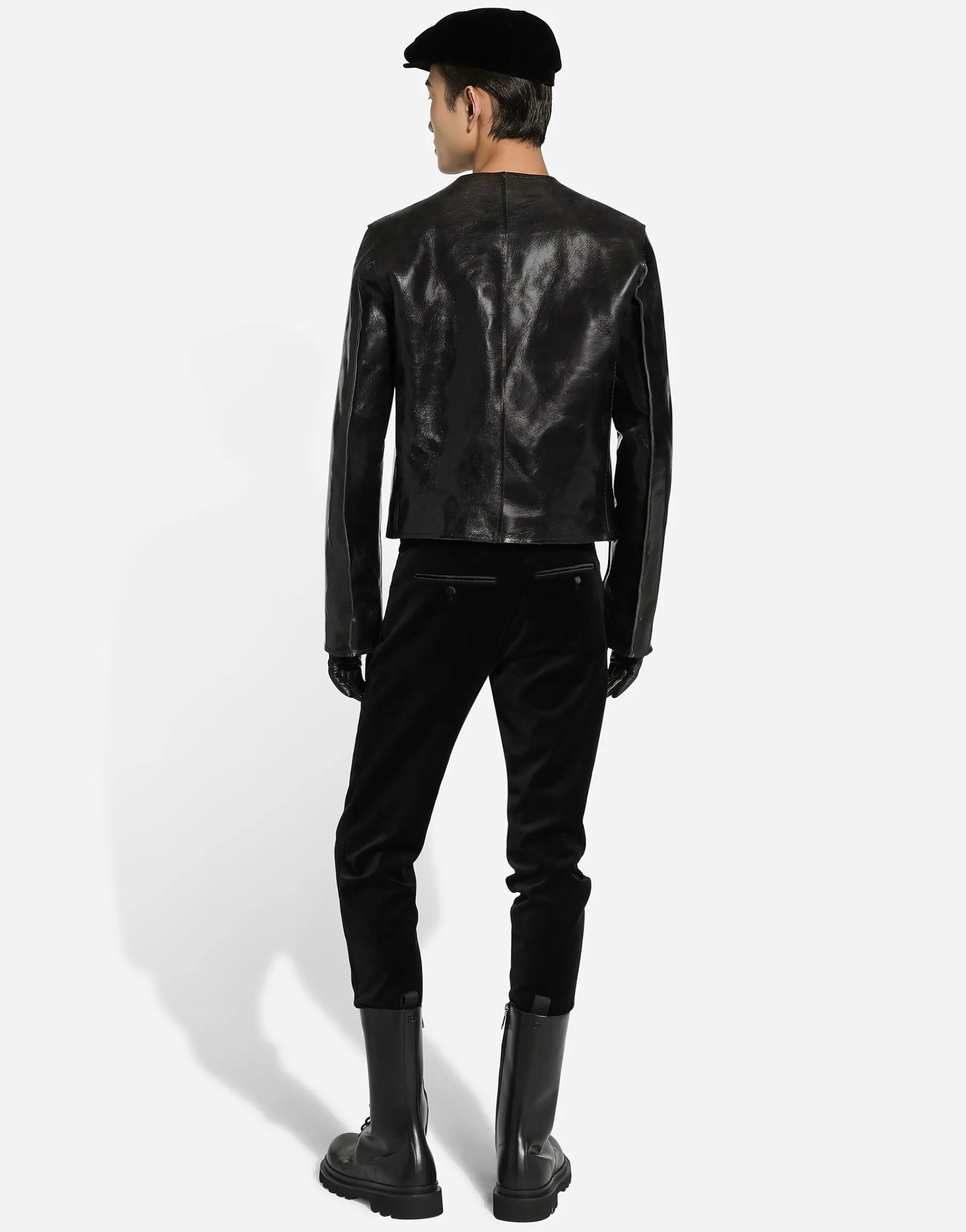 Collarless leather jacket