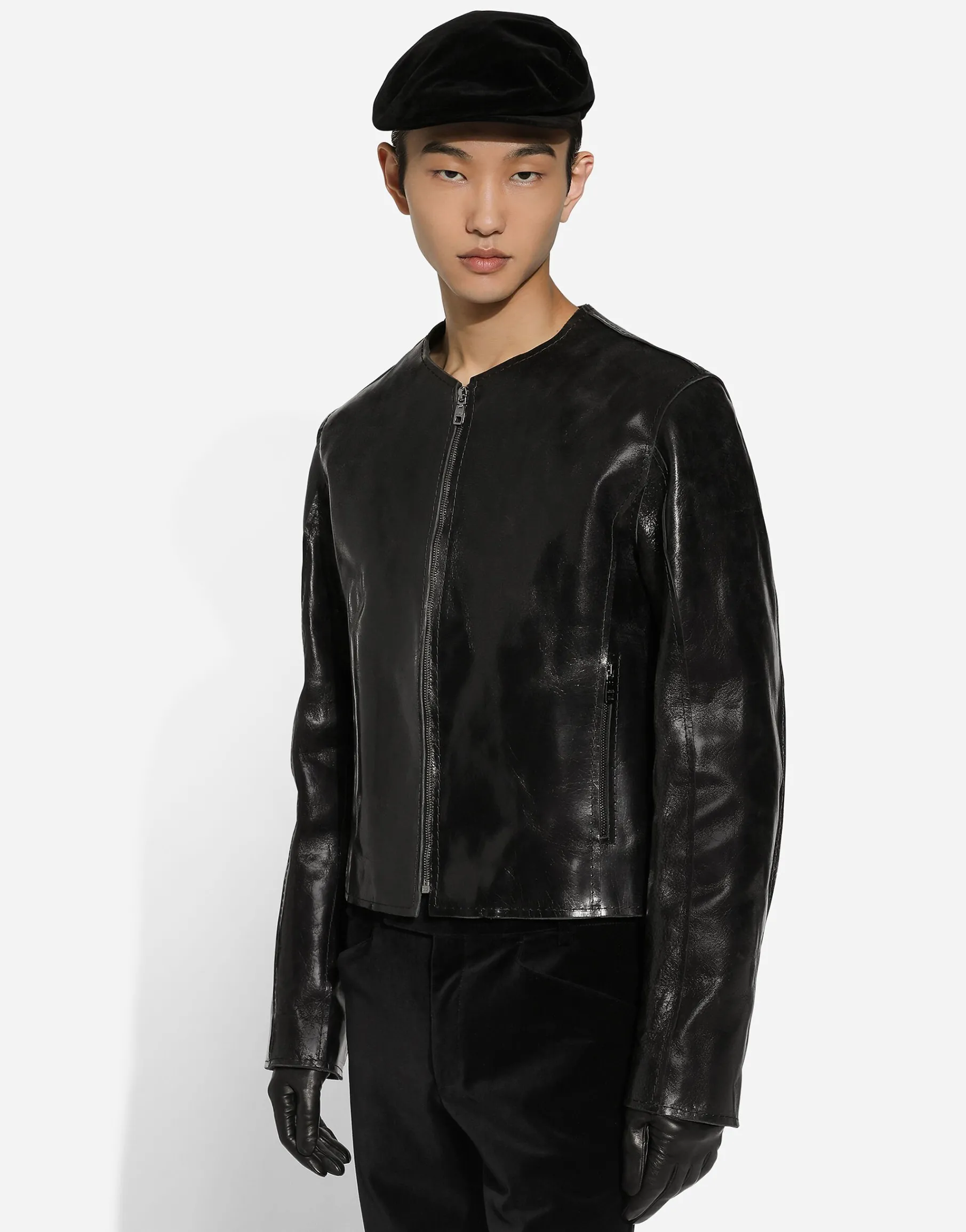 Collarless leather jacket