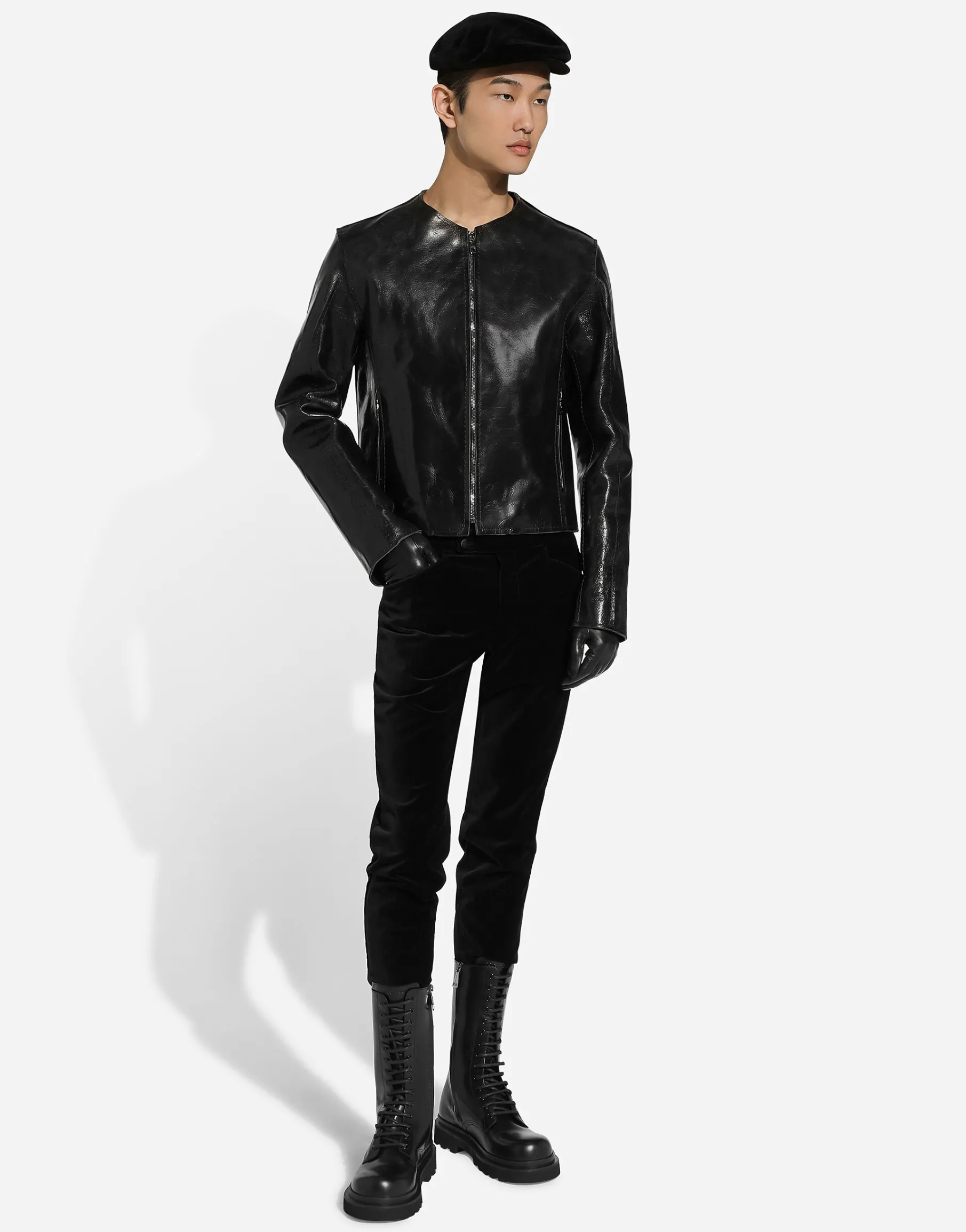 Collarless leather jacket